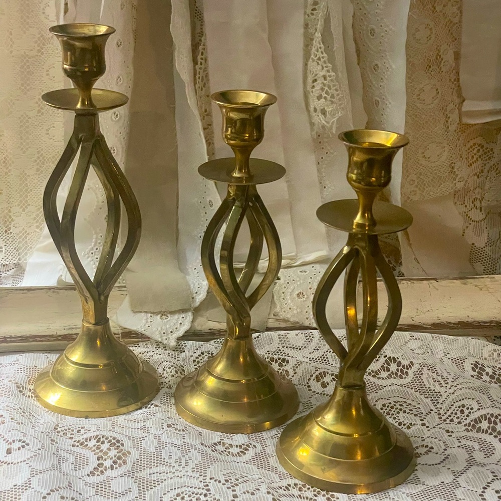 Vintage MCM Solid Brass, Set of Three, Taper Candle Holders